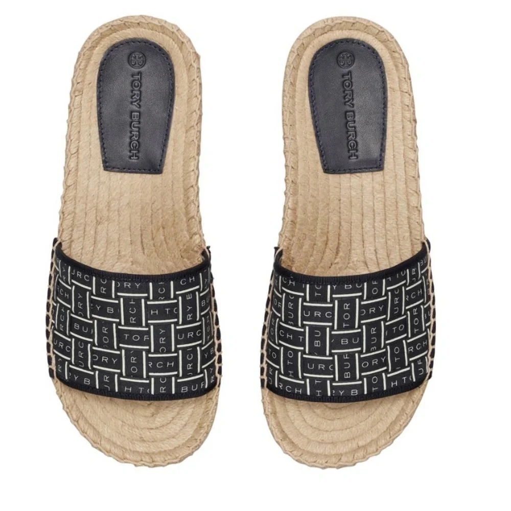 NIB Tory Burch logo espadrilles slide Navy Blue